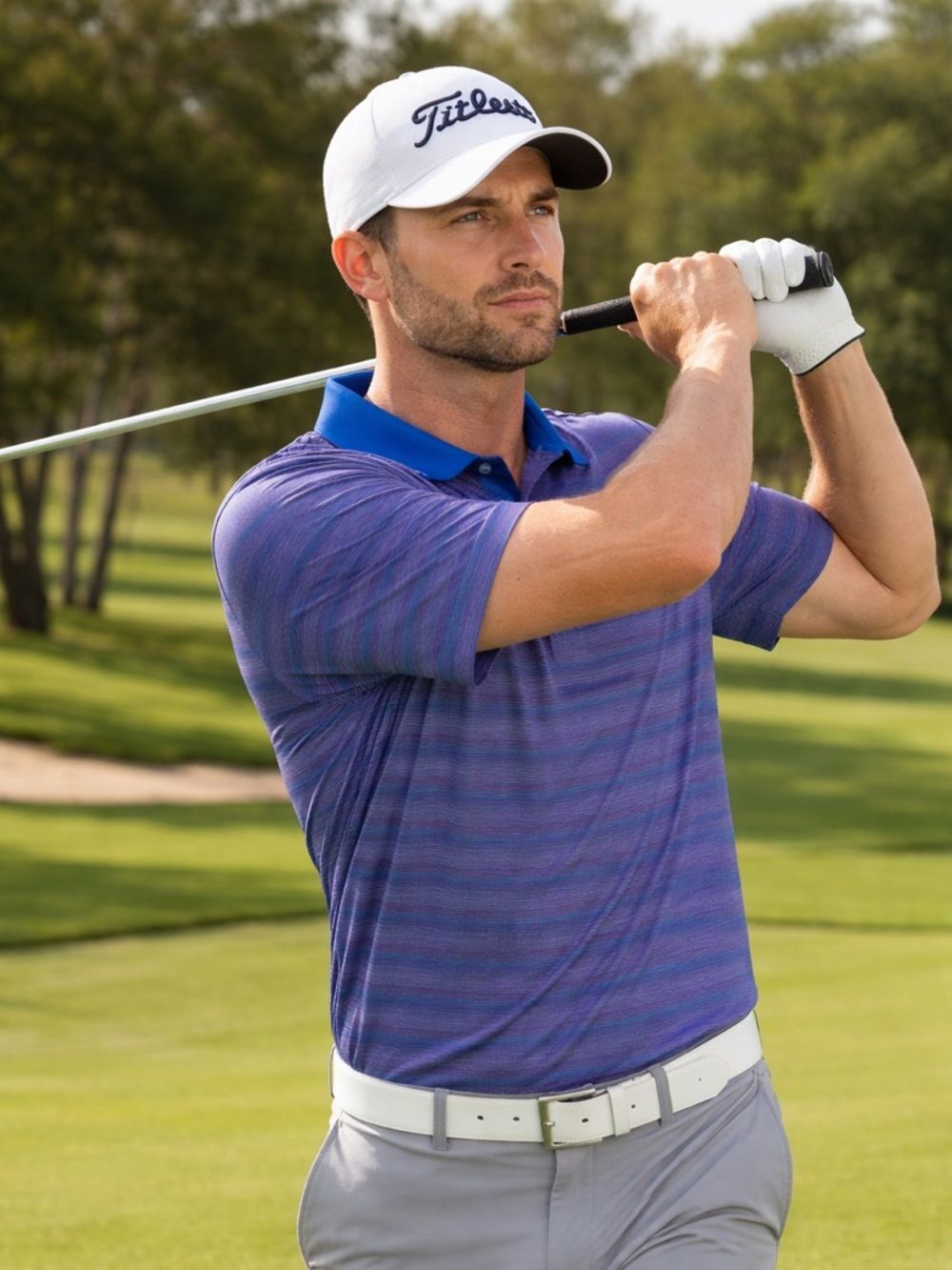 Classic Men's Purple Stripe Golf Polo Shirt - PGA Tour, Large